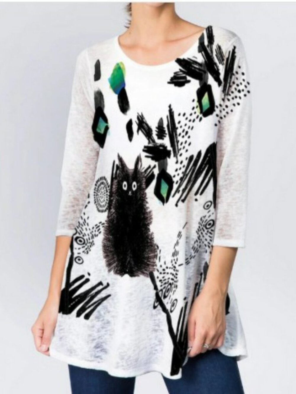 Et' Lois Hazy Spooked Black Cat Soft Knit Top Lagenlook Tunic White Artsy M